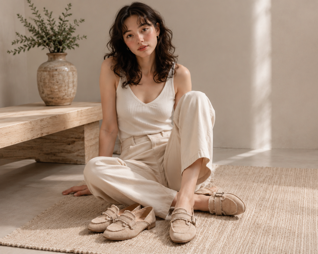 Woman sitting on the floor in a minimalistic room with a wooden table and vase.